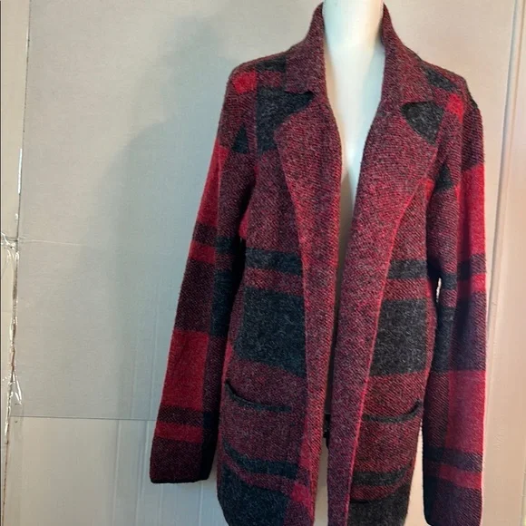 Allie & Rob Collared Lightweight Red Black Paid Open Front Pocket Cardigan Sz XL - Picture 1 of 10